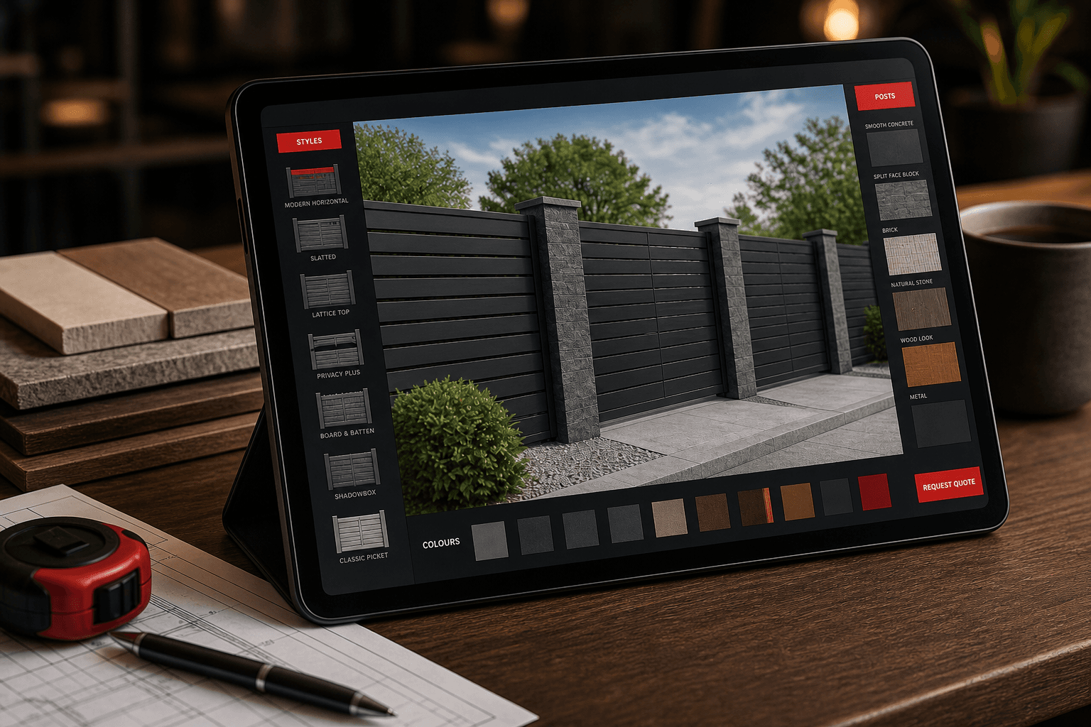 Tablet z konfiguratorem ogrodzenia i próbkami materiałów