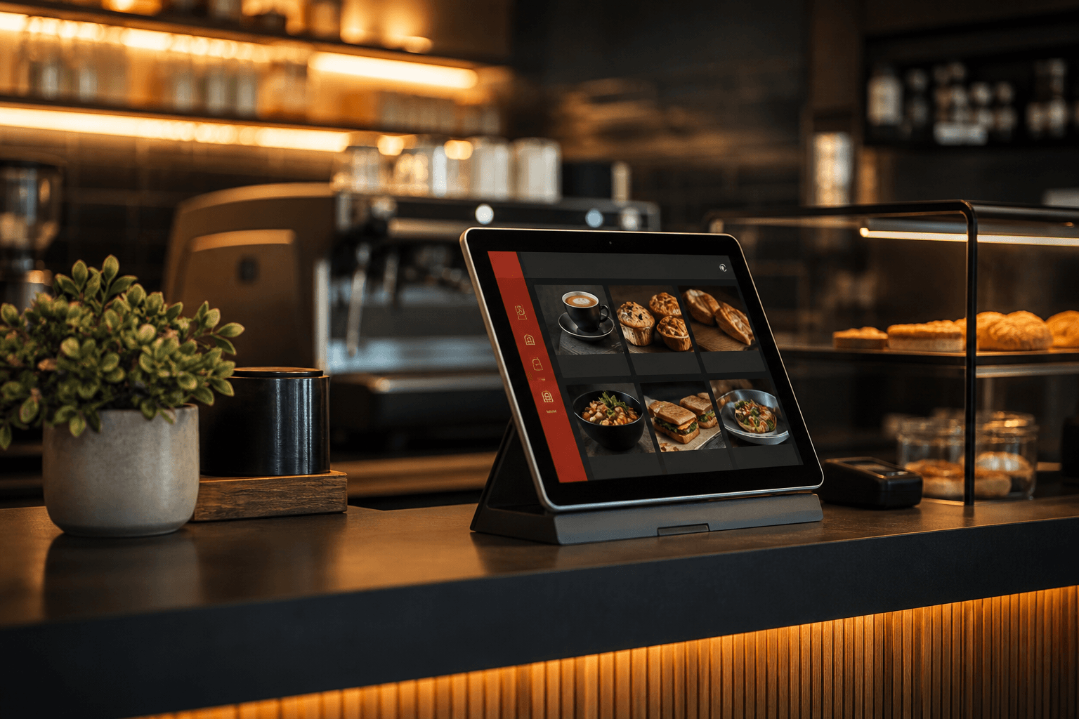 Tablet z cyfrowym menu przy ladzie kawiarni