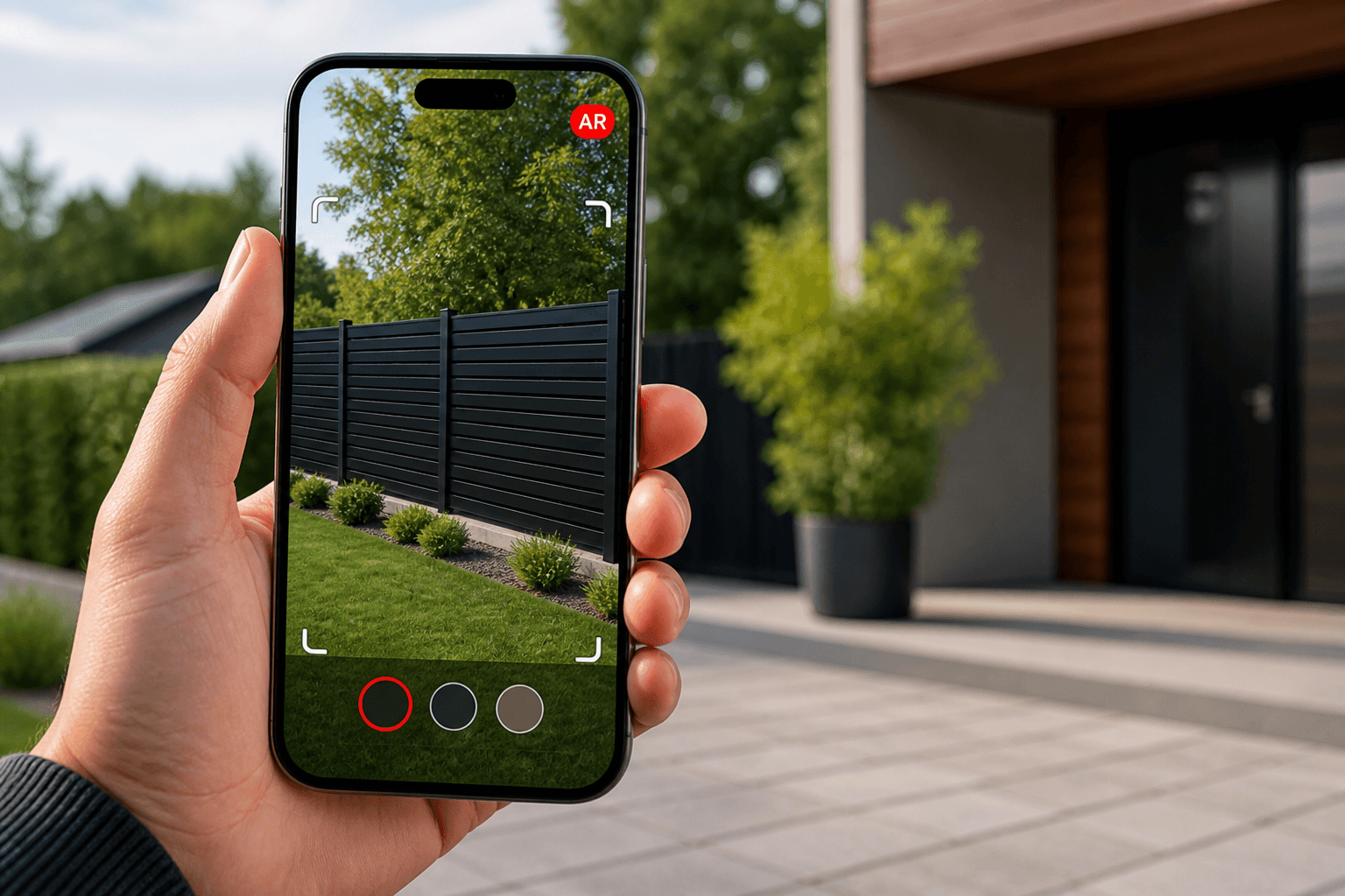 Smartfon z podglądem AR ogrodzenia przy posesji