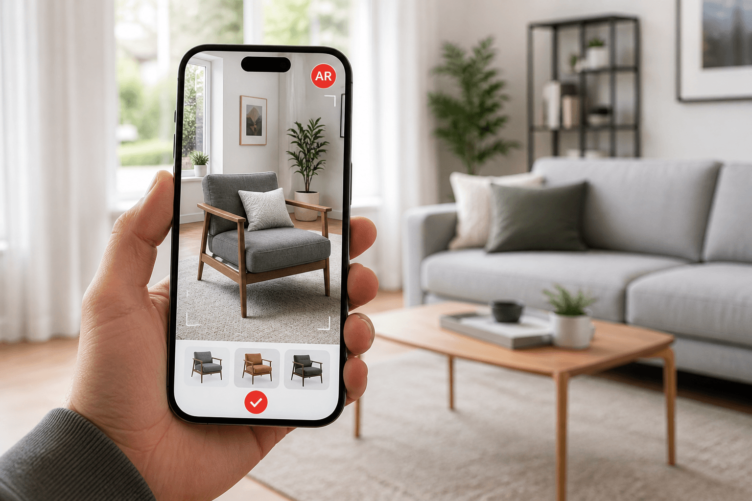 Smartfon z podglądem AR mebla w salonie