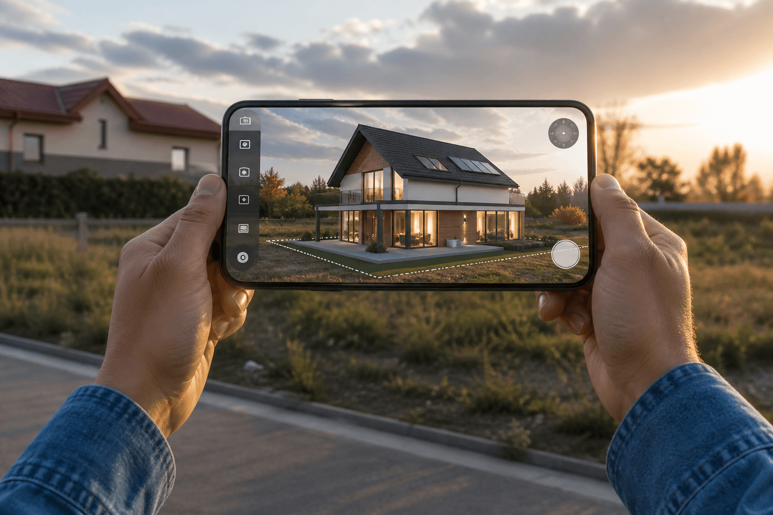 Smartfon z podglądem AR domu na działce