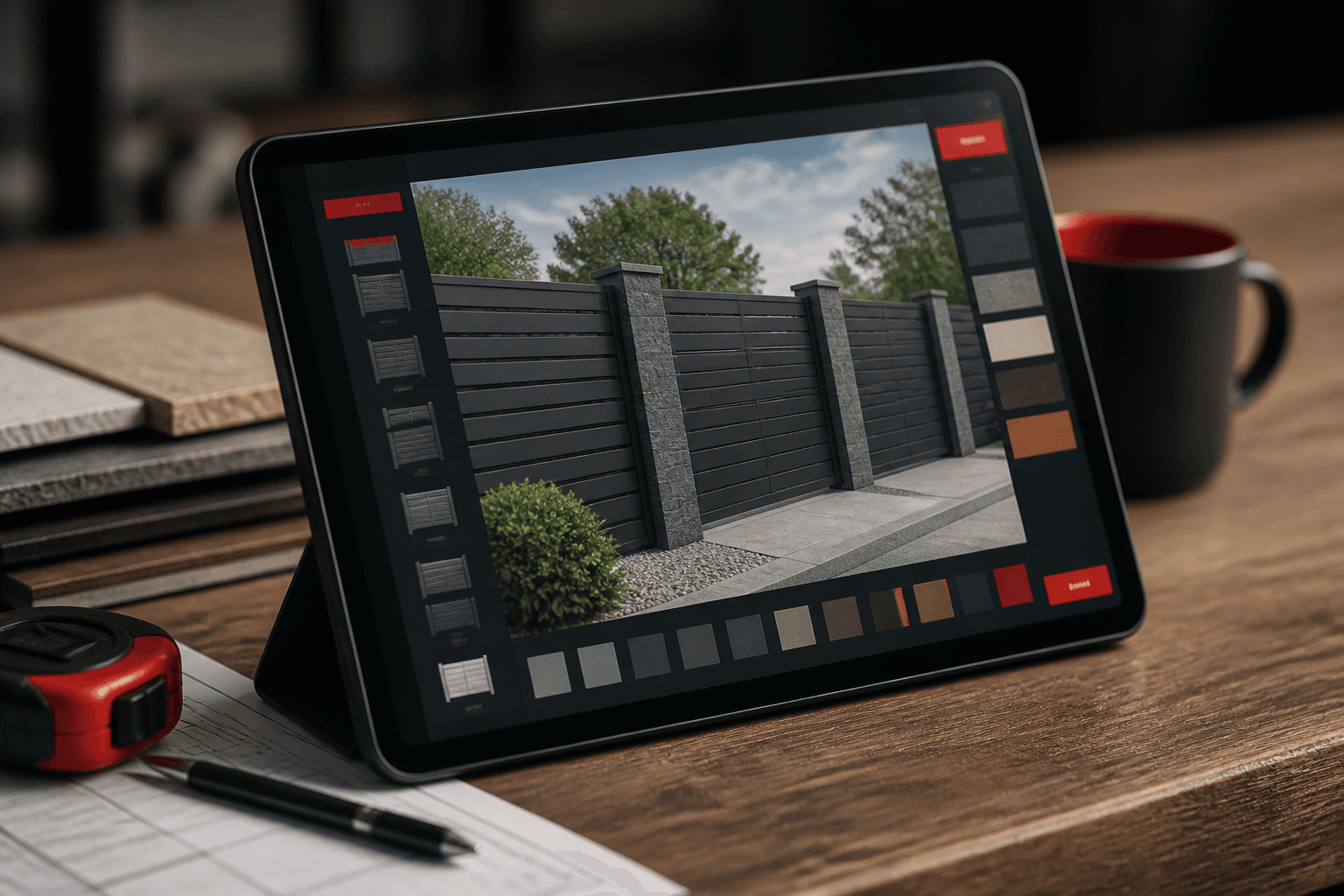 Tablet z konfiguratorem ogrodzenia na biurku