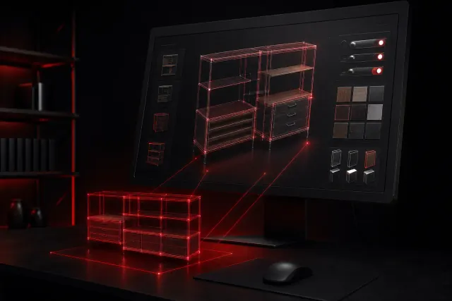 Konfigurator 3D produktu na stronie: klient sam dobiera wymiary, materiały i kolory